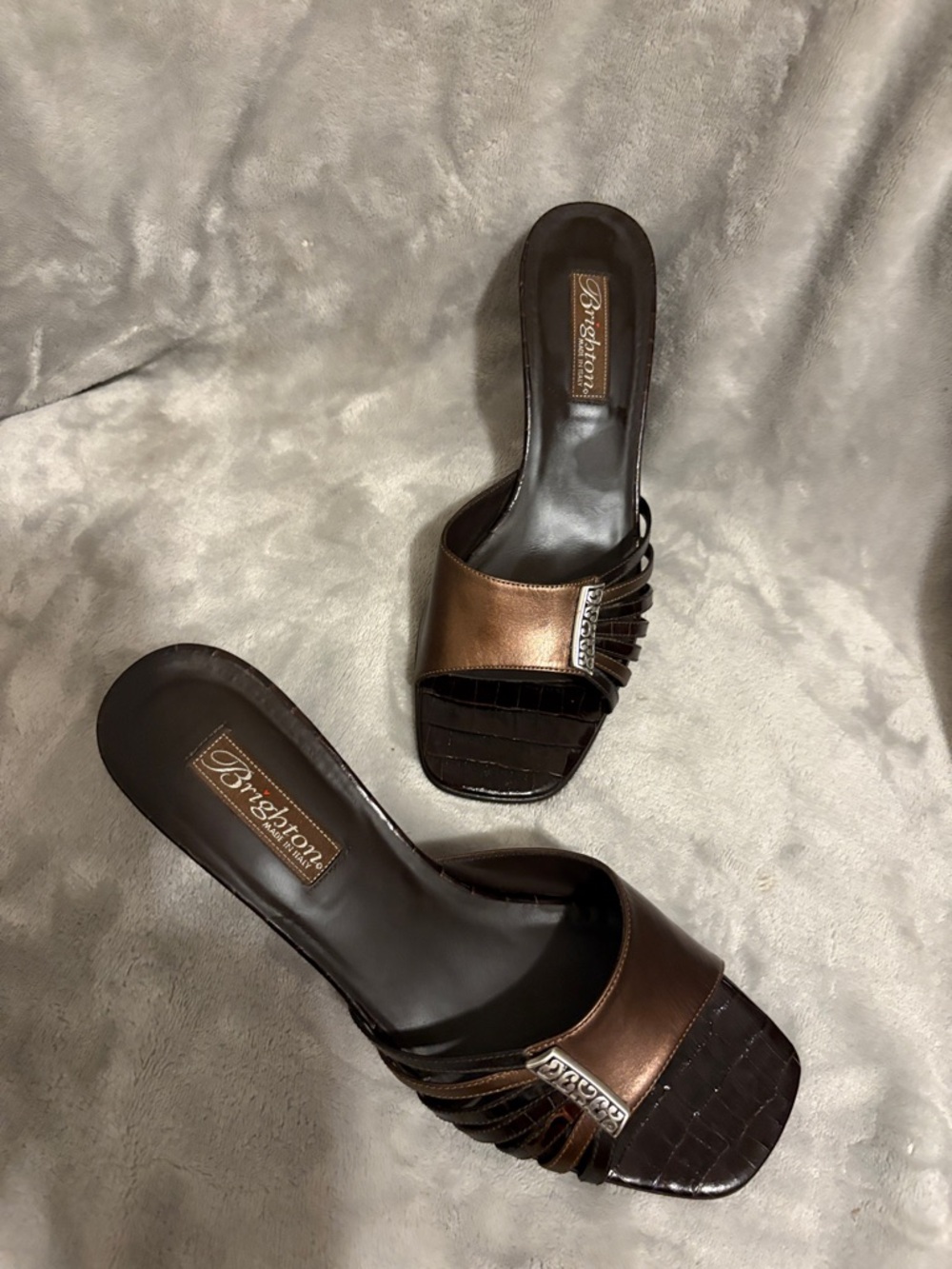 Brighton Bronze and Dark Brown Leather Slide Mules